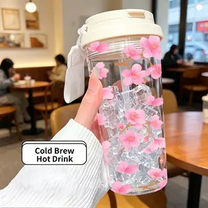 500ML Durable Plastic Cup, Cherry Blossom Design, Reusable Lightweight Travel Mug, Dual Opening with Straw and Handle, Ideal Gift