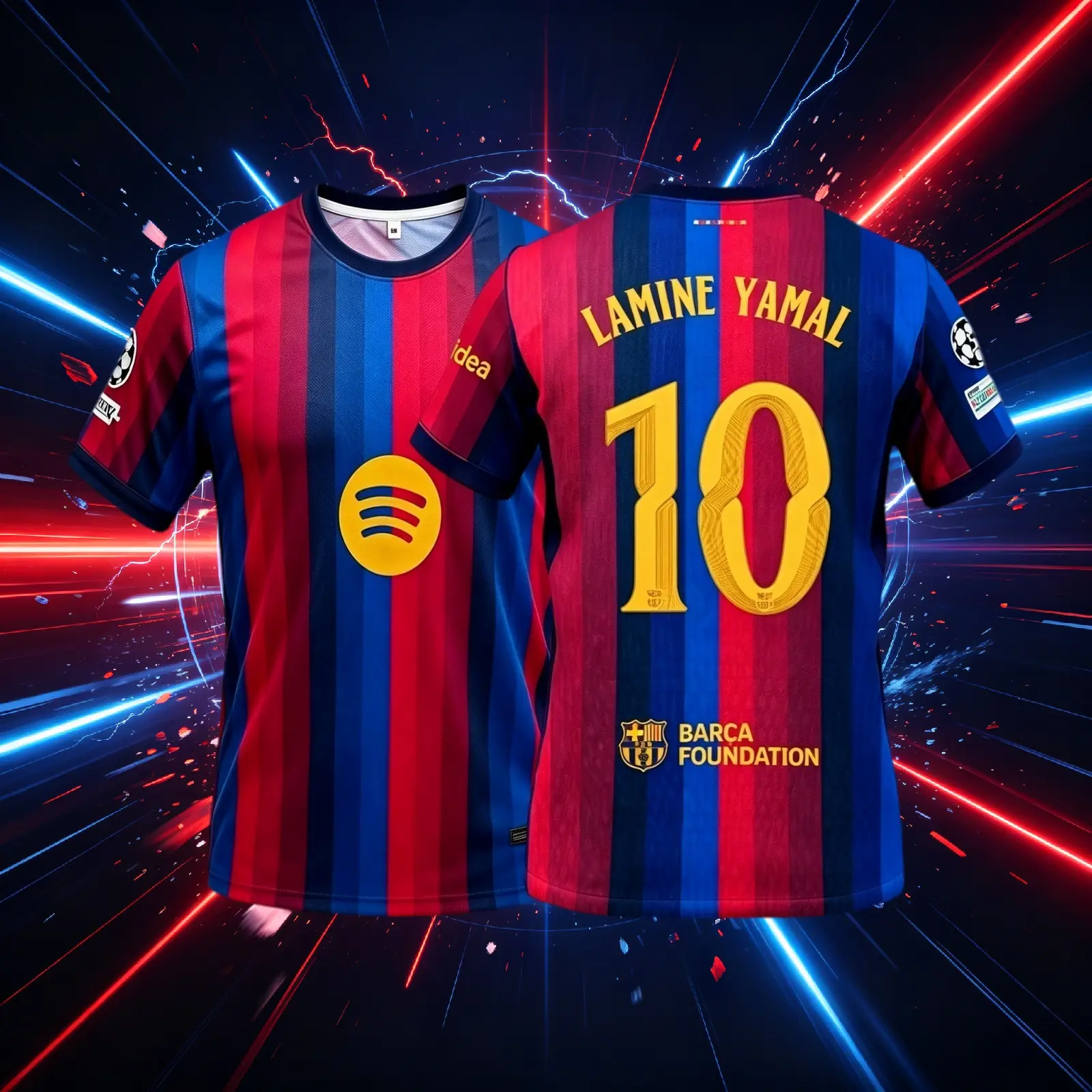 10# Lamine Yamal 26 27 Home Red And Blue Short Sleeve Soccer Jersey Fans Version