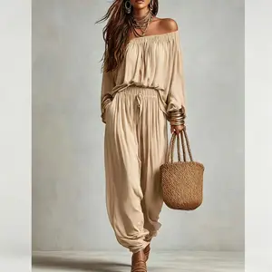 Woman's Off-Shoulder Loose Jumpsuit Soft Breathable Casual Harem Pants Boho Chic Vacation Outfit