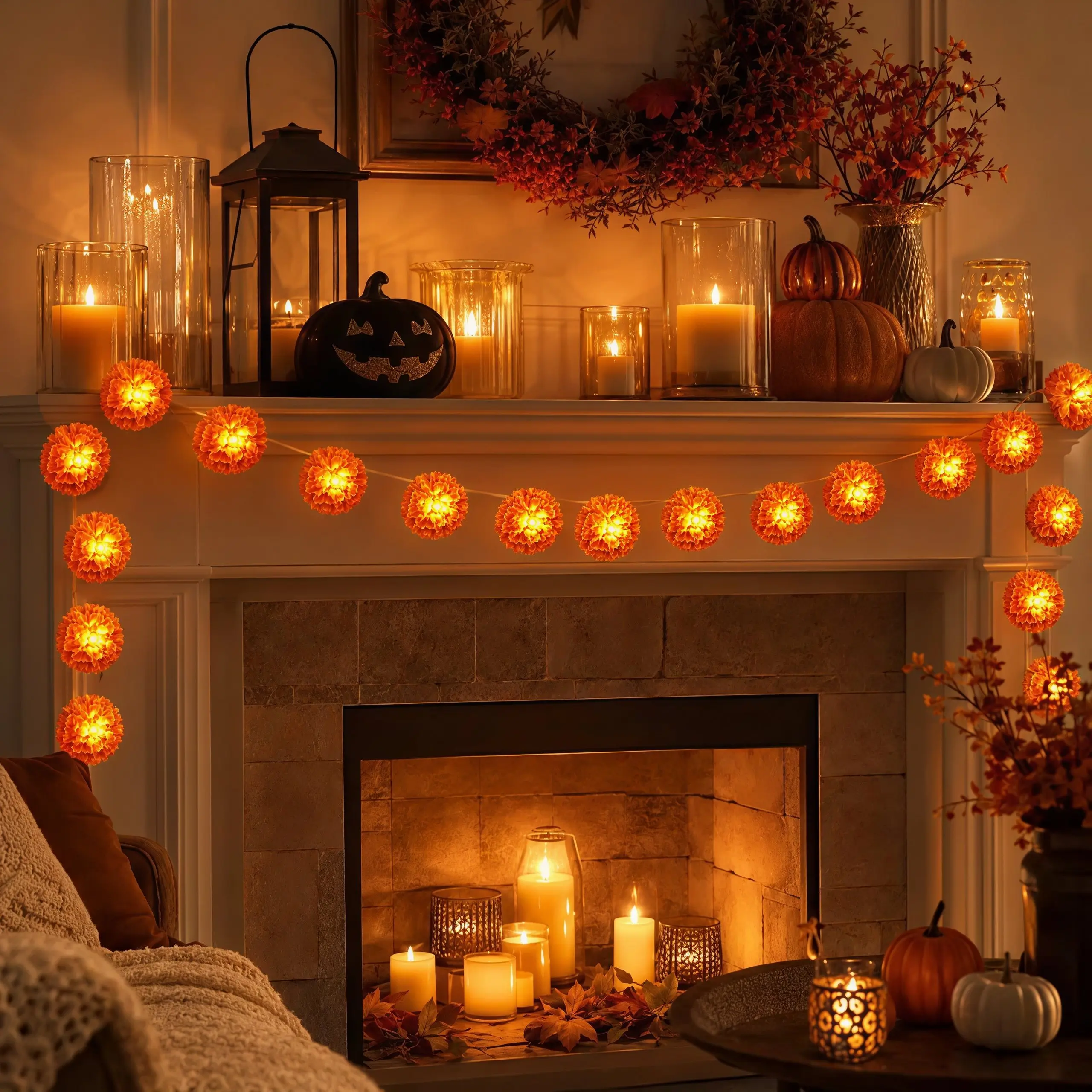 3 m Marigold Flower String Lights, 20 Constantly on or flashing Orange LED Cempasuchil Style Garland, Battery Powered Day of the Dead Altar Halloween Fall Decor