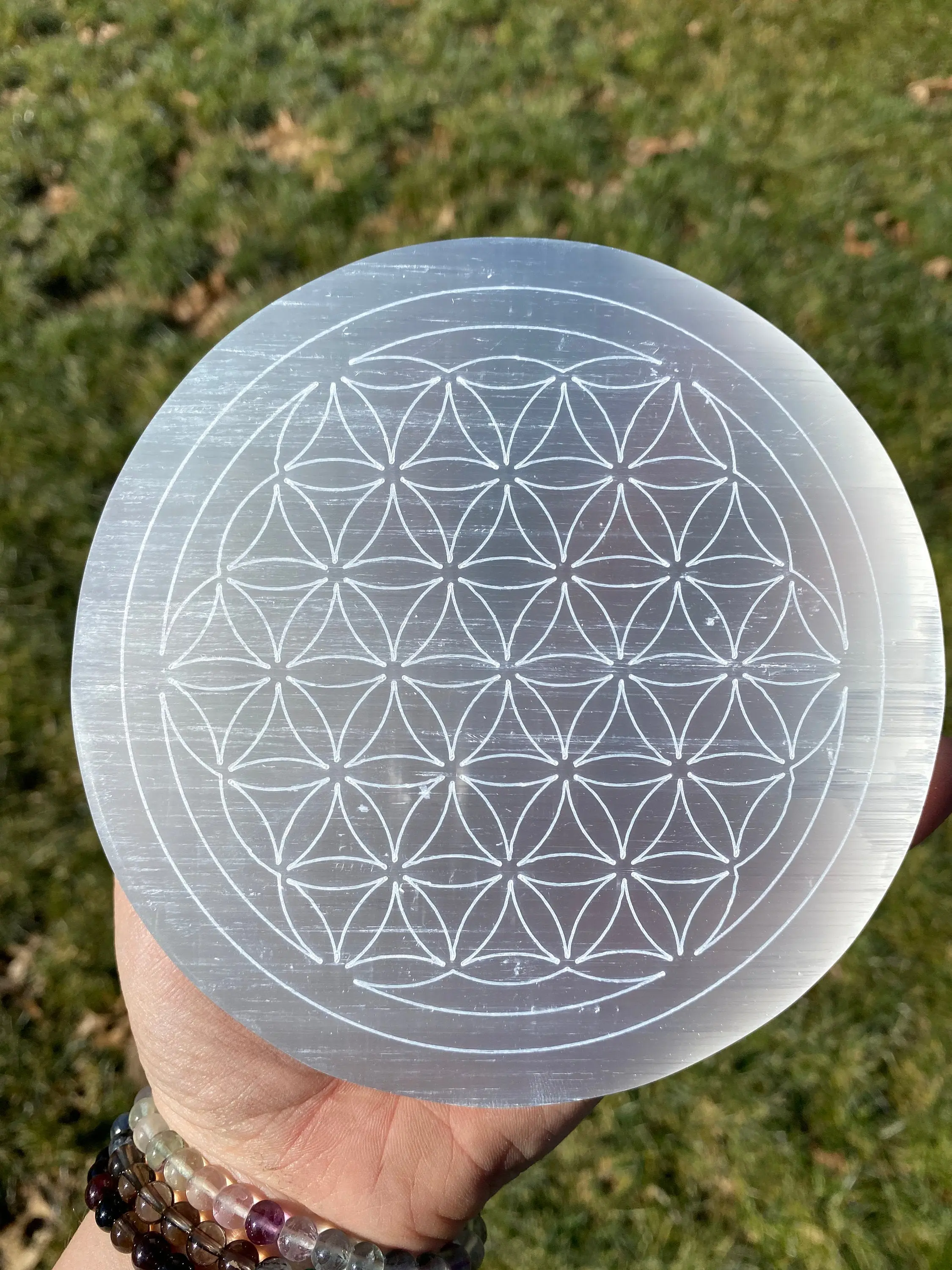 Flower of Life Selenite Plate - Engraved Crystal Slab