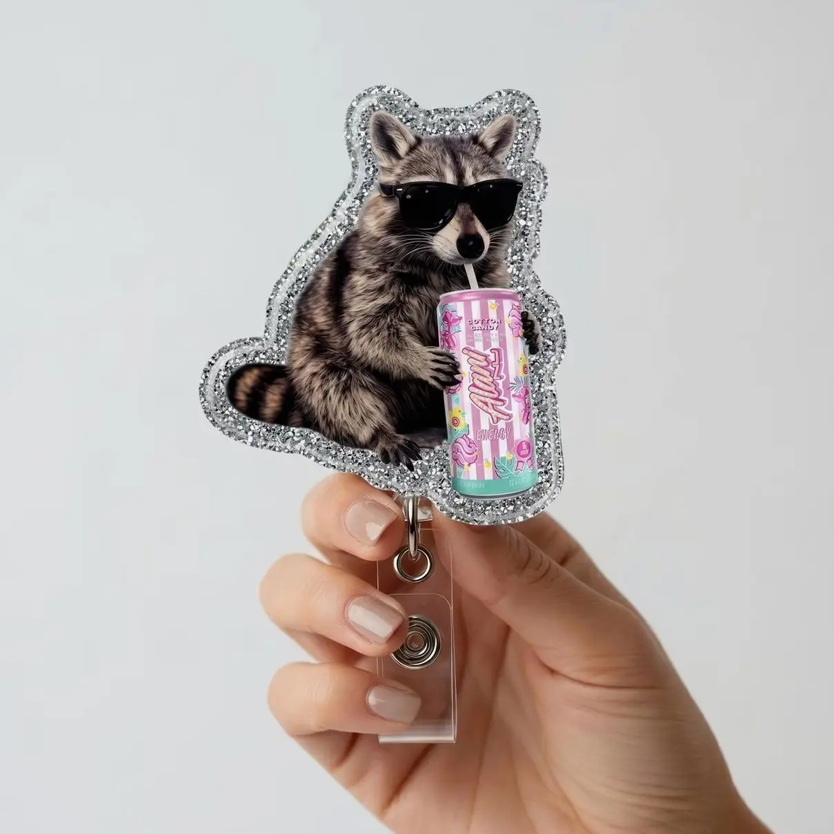 Funny Raccoon Energy Drink Badge Reel, Raccoon Soda Aesthetic Badge Holder, Nurse Badge Reel, Retractable ID Holder, Funny Work Gift