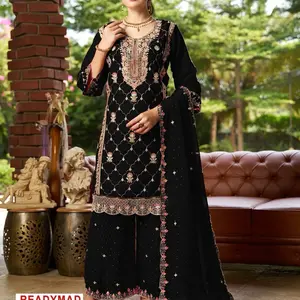 Pakistani Salwar Kameez FANDY Fabric Top & FANDY PLAZO Bottom Dupatta Set XL-XXL Sizes Four Colors Ready Made Outfit
