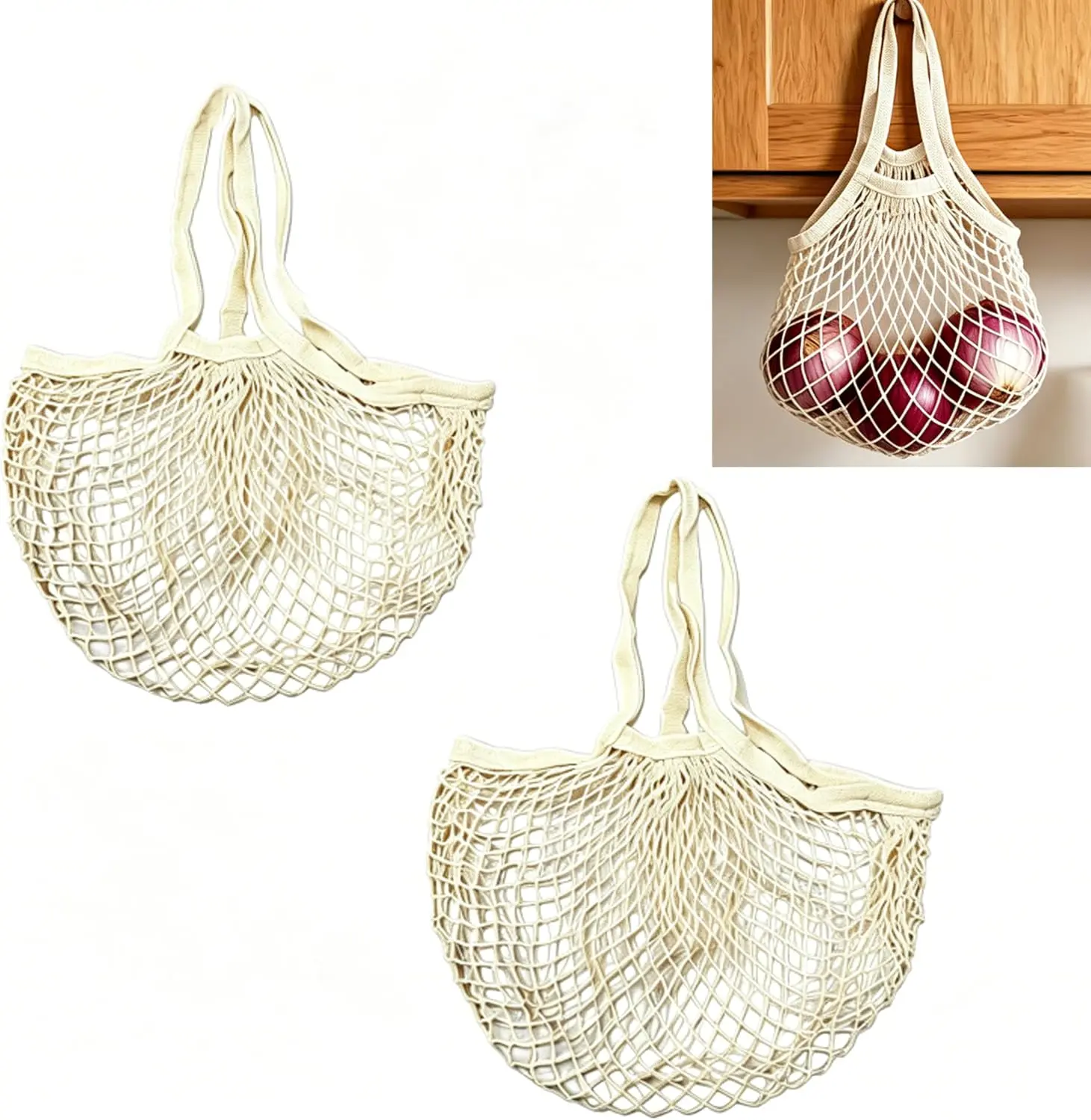 2 Pack Reusable Mesh Produce Shopping Bags, Cotton String Handles, Washable Breathable Eco-Friendly Storage for Fruits & Vegetables