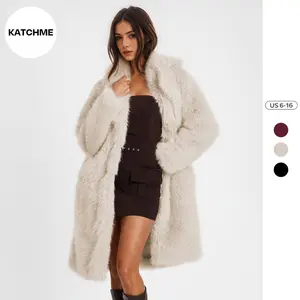 KatchMe Women's Luxurious Solid Color Faux Fur Wide Lapel Open-Front Long Outerwear, Fall & Winter Snap Closure Fuzzy Thermal Coat