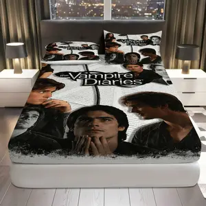 3Pcs Vampire Diaries Drama Fantasy Fitted sheet Three Piece Set (1*Fitted Sheet+2*Pillowcases, Coreless), Holiday theme, TV Show Bedding Set, Mattress protector Soft, Breathable