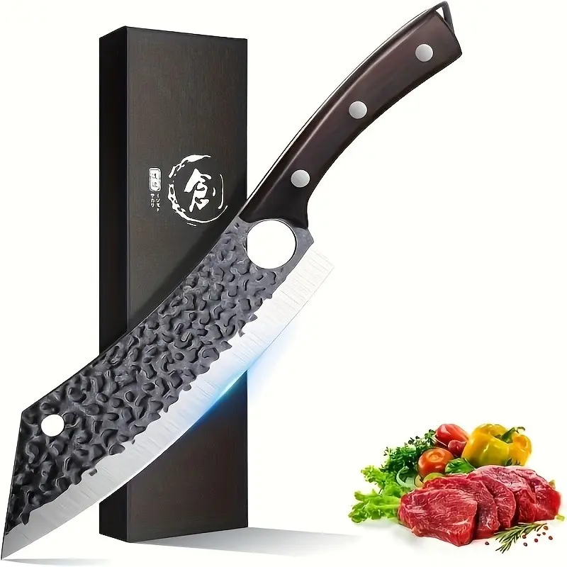 Butcher Knife 8 Inch Ultra Sharp Carving Knife for Meat Vegetable Cutting with Finger Hole Hand Forged Chopping Knife Cooking Knife Cleaver, Gift for Family And