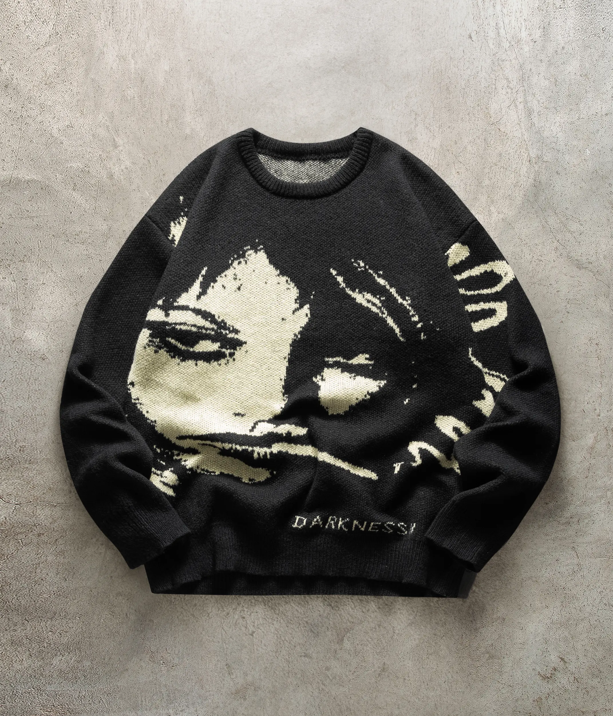 Vintage Anime Face Jacquard Knit Sweater, Darkness Print Oversized Crewneck, Egirl Alt Grunge Streetwear Pullover For Couple