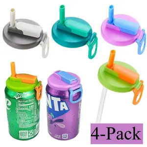 Happy-4-Pack BPA-Free Soda Can Lids with Straw - Reusable Lids for Seltzer, Juice & Beverage, Silicone Straws Included Drink Covers Children's Day，Tools for Solving the Sealing of Soda Cans, Essential for families, traveling and picnics, Drink Protector