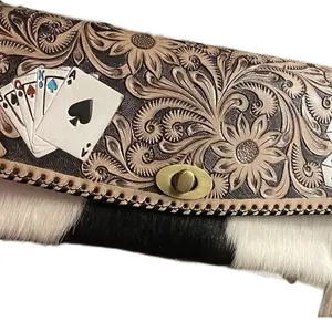 Hand-Tooled, Hand-Painted Western Crossbody/ Clutch with Authentic Cowhide