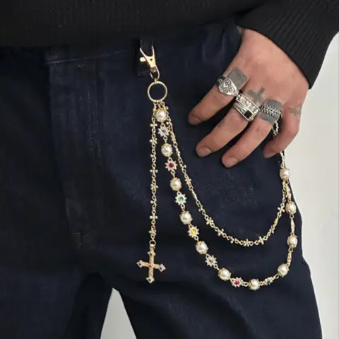 Wallet Chain Layered Pants Chains for Men Women, Punk Jeans Key Chain Accessories Exquisite Rhinestone Flower Pearl