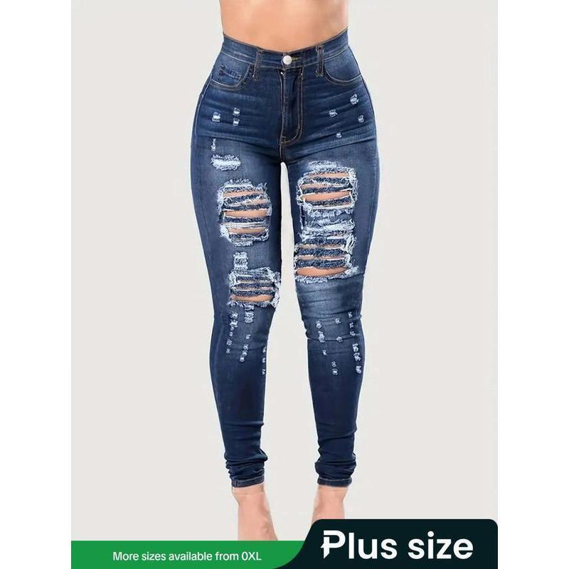 Women's Plus Size High Rise Stretchy Skinny Ankle Jeans, Butt Lifting Ripped Distressed Washed Denim, American Retro High Street Basic Style Pocket Button Pants for Daily & All-Season Wear