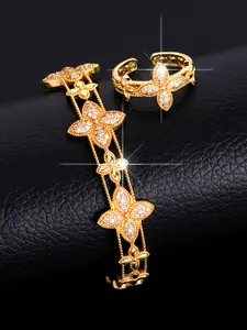 2pcs Retro Luxury Four-Leaf Clover Jewelry Set, Copper with Zircon, Adjustable Bangle & Ring, Ditsy Floral, All Seasons