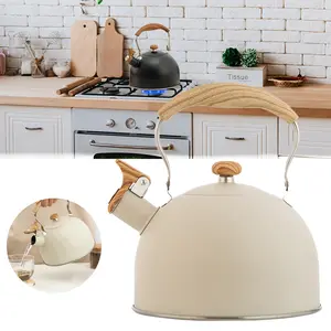 2.5L Insulated Stainless Steel Whistling Teapot, Kitchen Metal Kettle with Wood-Designed Folding Handle, Induction-Ready for Tea & Coffee, Beige Kettle Jug