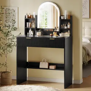 TOKSOM Makeup Vanity Desk with Mirror and Lights,Black Vanity Table with 2 Drawers & Open Storage Shelves,Fluted Vanity Bedroom Makeup Dressing Table Set for Women Girls