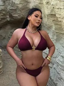 Plus Size Women's Halter Sparkly Green Tankini Swimsuit Set High Waist Triangle Cup 2 Piece High Stretch Removable Padding Backless Tie Back