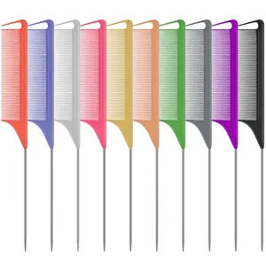 10 PCS Rat Tail Combs Set - Hair Teasing Fine Tooth Comb for Women Girls, Parting Comb for Braiding Hair Styling Tools & Appliances  Stainless Steel Pintail Carbon Fiber Heat Resistant organique  breezy  wave curl  pattern bounce  curl  brush