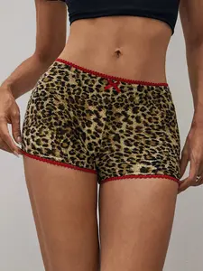 Women's Y2K Leopard Print Shorts, Cute Red Ruffled Low-rise Shorts with Bow Details, Soft Loungewear Perfect for Daily & Street Wear