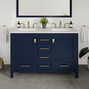Aberdeen 48 in. Blue Double Sink  Bath Vanity with Carrara Quartz Top and Undermount Porcelain Sinks