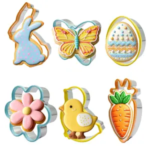 6Pcs Easter Cookie Cutters Set with Comfort PVC Edge - Stainless Steel Bunny, Chick, Egg, & Carrot Molds for Kids DIY Spring Baking, Fruit, & Cheese Cutting, Spring Holiday DIY Baking, Cake Decoration, Kitchen Gadgets & Accessories
