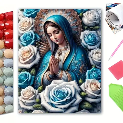 Virgin Mary 5D Diamond Art Kit for Adults - 1pc 40x50cm Full Mosaic, All-Ages DIY Hobbies Kit, 30% More Color Diamonds, Religious Craft, Relaxing Activity, Waterproof Home Decor Gift