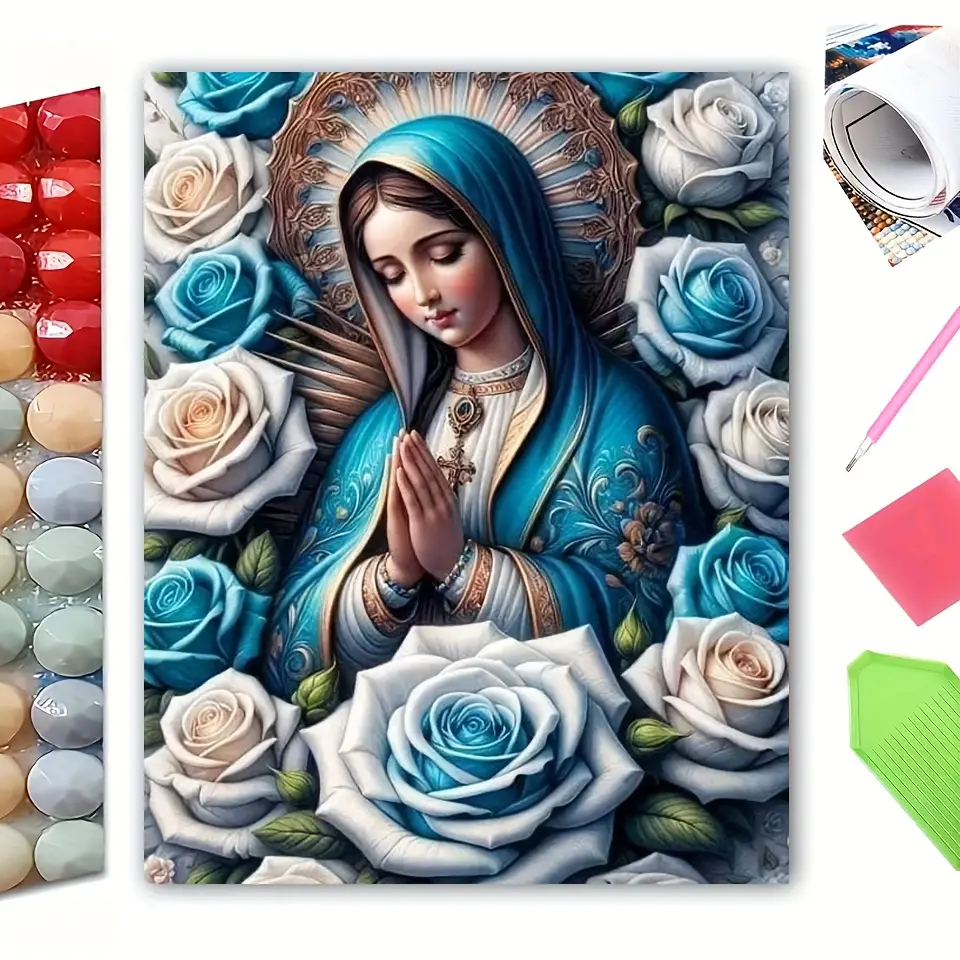 Virgin Mary 5D DIY Diamond Painting Kit - 1pc 40x50cm Full Mosaic with Glue, 30% Coloured Round Diamonds, Religious Craft for Adults, Gift, Room Decor, summerwins