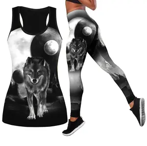 Women’s Wolf Print Hollow Tank Top and Leggings Set – Fashion Sport Fitness Outfit, High Waist Yoga Pants Activewear Combo