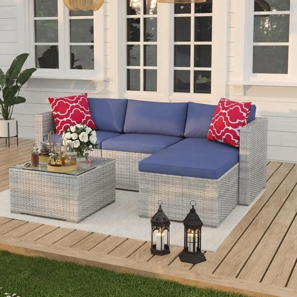 Gaomon 5-Piece Waterproof Wicker Outdoor Sectional Sofa Set (4-Seater), Heavy Duty Modern Rattan Outdoor Furniture Sets with Thick Cushions & Rattan Coffee Table, All-Weather for Deck Backyard, Grey Wicker & Blue Cushions, Modern Outdoor Furniture Sets, F