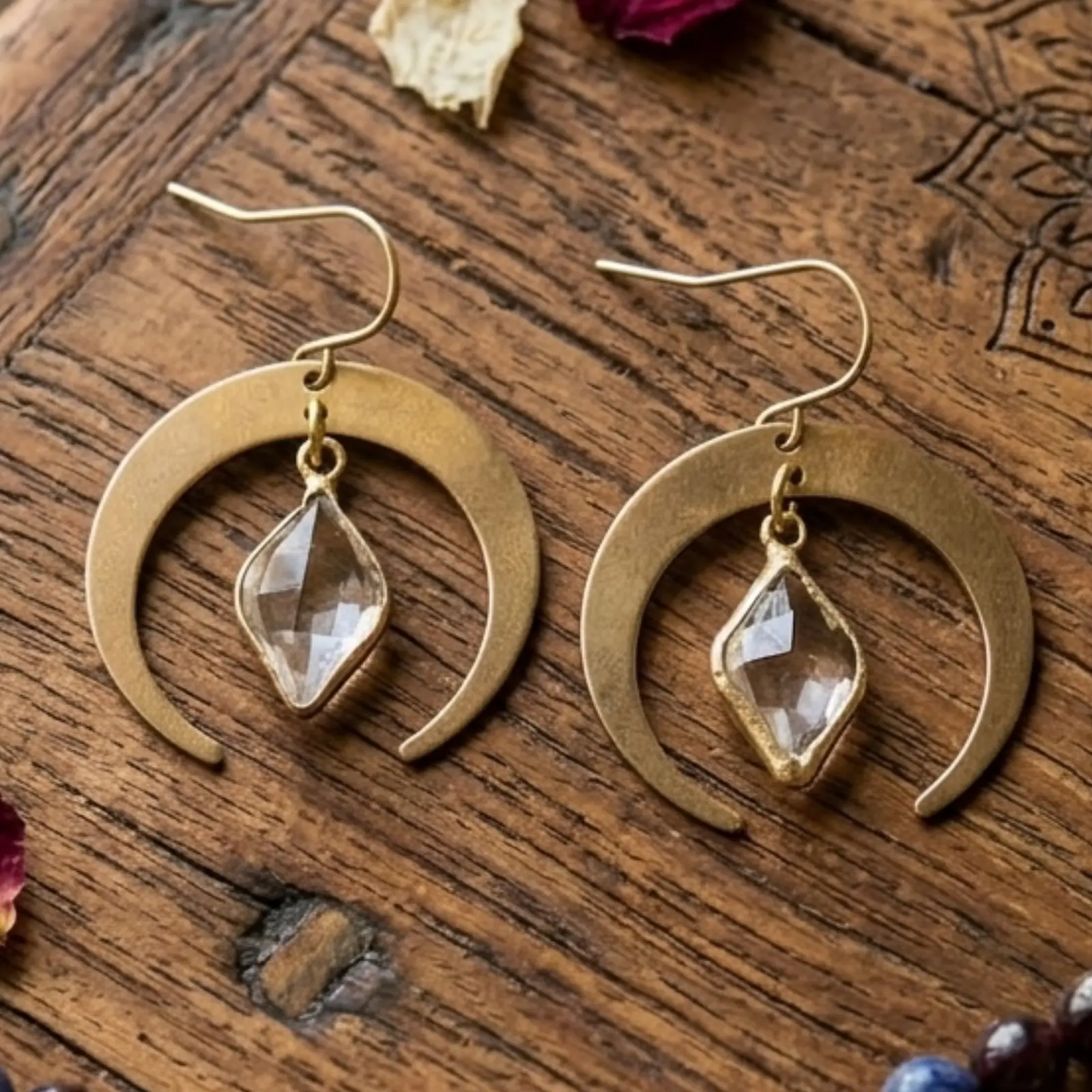 Radiate Lunar Energy: Raw Brass & Crystal Moon Drop Earrings