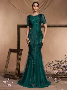 Women's Floral Embroidery Sequins Party Dress Formal Wear, Elegant Fishtail Hemline Long Sleeve Dress for Evening Party, Ladies' Clothes Womenswear for Summer