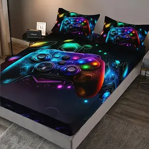 Three piece game controller bed sheet set, including two pillowcases, vivid digital printing, 100% polyester fiber, breathable all season comfort, machine wash, deep pocket bed sheet (11.81-13.39 inches) - Theme: Game
