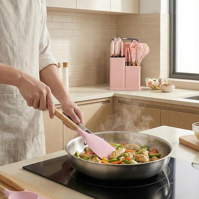 Silicone Kitchenware Set of 19: Set of Spatulas and Soup Spoons, High-Temperature Resistant Non-Stick Cookware, Cooking Kitchen Utensils, Household Silicone Spatula Wooden Handles charcuterie board White Pink