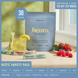 Beam Biotic Variety Pack — 30 Stick Servings for Gut Health, Digestion & Bloating Support with Prebiotics, Probiotics & Postbiotics (Blue Raspberry, Mixed Berry & Citrus Lemonade)