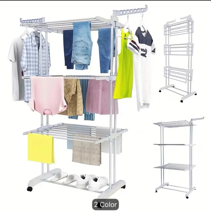 4 Tier Collapsible Rolling Clothes Drying Rack, Adjustable Garment Dryer with Foldable Wings, Large Expandable Laundry Organizer for Indoor Outdoor Use, Gray/White/Skyblue Options, Drying Racks