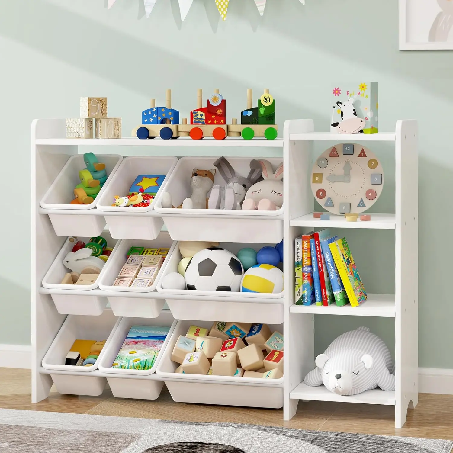 MallBest Kids Toy Storage Organizer with Bins, Solid Pine Wood Frame Toy Storage Cabinet and Kids Bookshelf, 3-Tier Playroom Organizer for Kids Room, Nursery and Bedroom, White