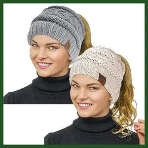 Rosoz Women's Winter Warm Ponytail Beanie - Soft Stretch Cable Knit High Bun Hat (2 Pack: Black & Fuchsia)