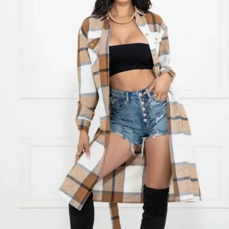 Women's Flannel Plaid Button-Down Trench Coat with Long Sleeves and Waist Tie - Summer/Fall