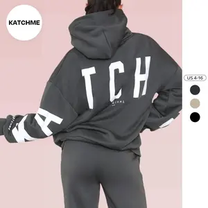 KatchMe Women's Plus Size Hooded Drop Shoulder Sweatshirt with Letter Print, Loose-Fitting Long Sleeve Pullover, Casual Jumper for Autumn & Winter