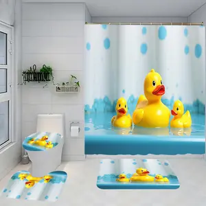 Duck Pattern Bathroom Set Includes Shower Curtain and Rug, Non-Slip Bath Mat, U-Shaped Toilet Lid Cover Pad, Modern Home Decor Accessories, Shower Curtain Sets
