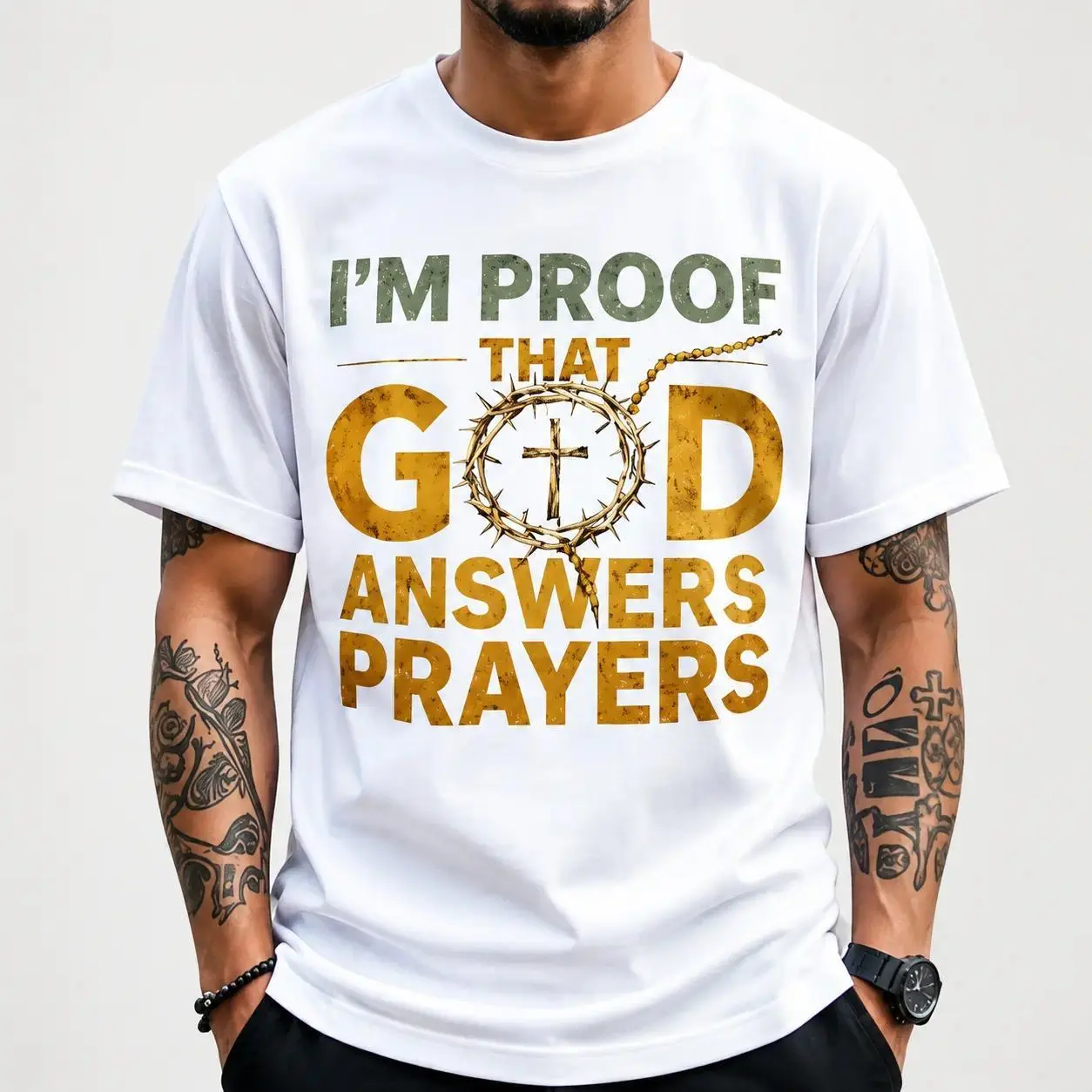 Men's Christian T-Shirt "I Am the Proof of God's Response to Prayer" with Golden Crown Cross & Lettering - Ultra-Soft Breathable Fabric Suitable for Church, Easter, Christmas - White & Black Crew Neck Short Sleeve, Unisex (Machine Washable) Religious