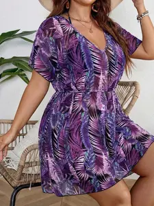 Plus Size Loose Casual Beach Cover Up | V-Neck Short Sleeve Summer Vacation Swimwear