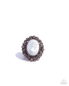 Delightfully Vintage - Copper Oval White Cameo Face Ring - Paparazzi