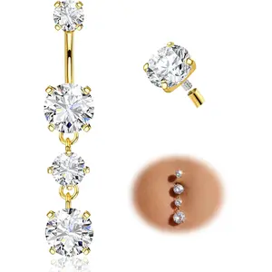 G23 Titanium Belly Button Ring for Women - 14G 3/8" Internally Threaded Navel Rings with 5A CZ Dangle Belly Button Ring Hypoallergenic Navel Piercing Jewelry, Gold & Titanium Silver