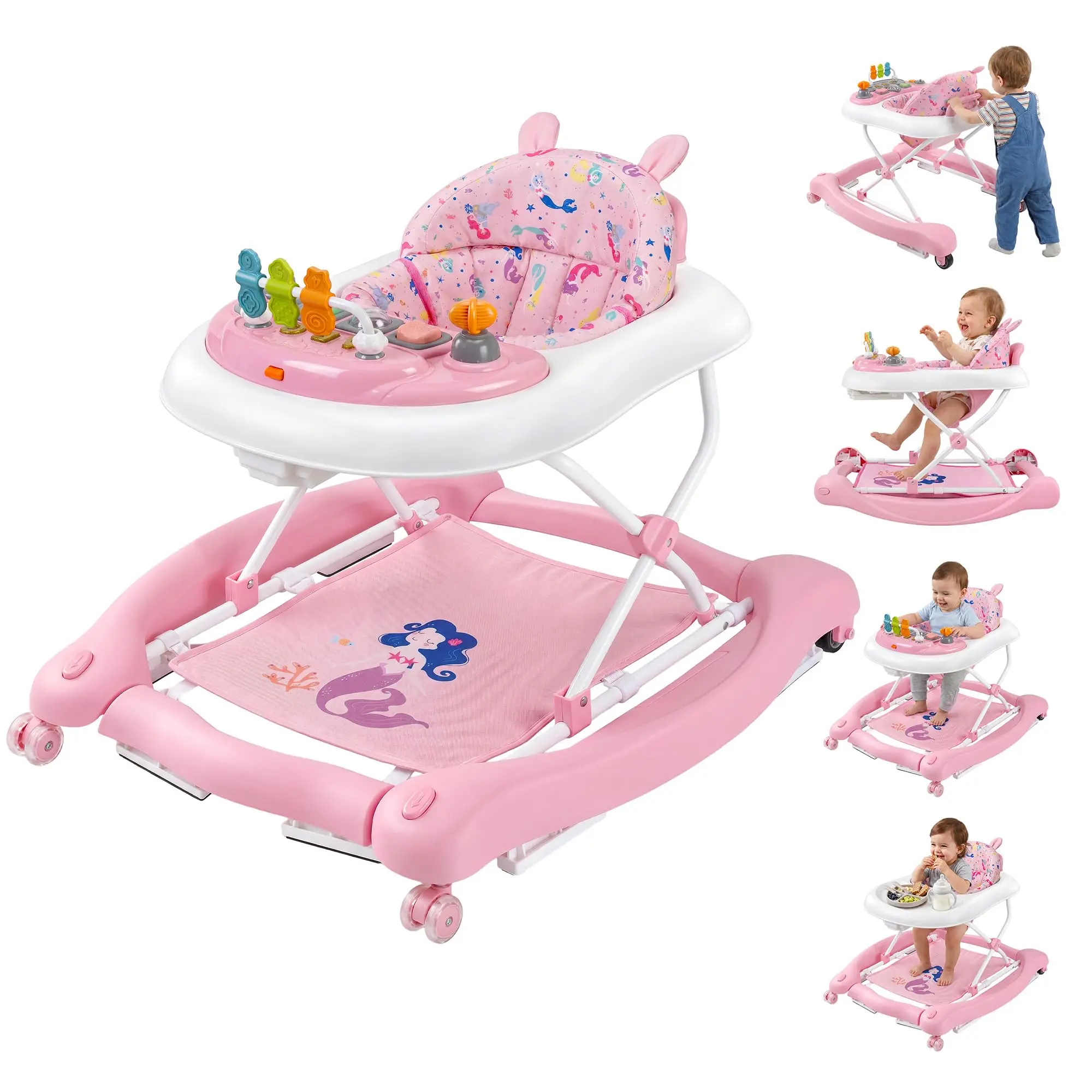 5 in 1 Foldable Baby Walker, Activity Baby Walker-Baby Bouncer, Rocker, Activity Center,Seat and Push Walker,Detachable Trampoline Mat, Adjustable Speed Rear Wheels and Height,Ages 6-18 Months