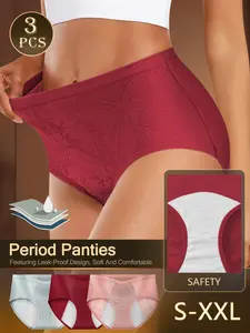 3pcs Premium Leak Proof Period Underwear for Women Comfortable Mid Waist Menstrual Panties with Extra Absorbent Protection, Reusable Washable Menstruation Briefs for Heavy Flow, Breathable Anti Leak