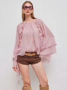 Chiffon Ruffle Hem See-through Bell Sleeve Blouse