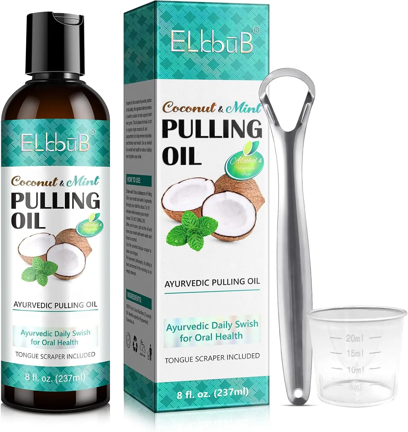 Coconut Pulling Oil - Ayurvedic Mint Oil Pulling Mouthwash with Tongue Scraper | Natural Essential Oils for Fresh Breath, Teeth Whitening & Healthy Gums | Alcohol-Free 8 Fl. Oz