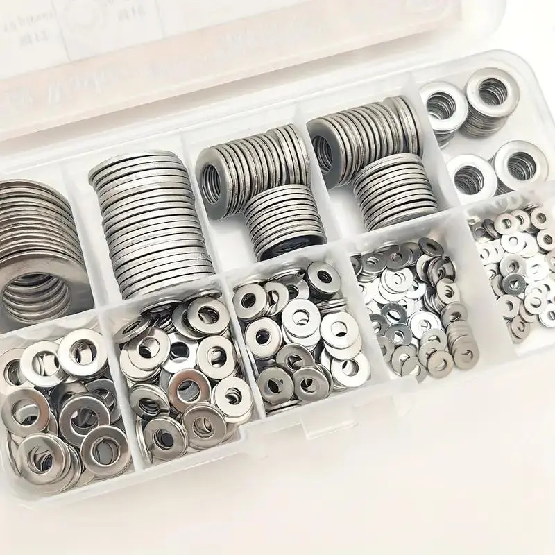 Stainless Steel Heavy Duty Flat Washer Set with Storage Box, Flat Washers Assortment Kit, Assorted Hardware Lock Washers Kit, for Home Decor, Factory Repair, Kitchen