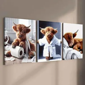 3-Piece Solid Wood Canvas Art Set Cute Bathrobe Bull Poster Fun Animal Decor Modern Wall Art for Living Room Ideal Gift Idea
