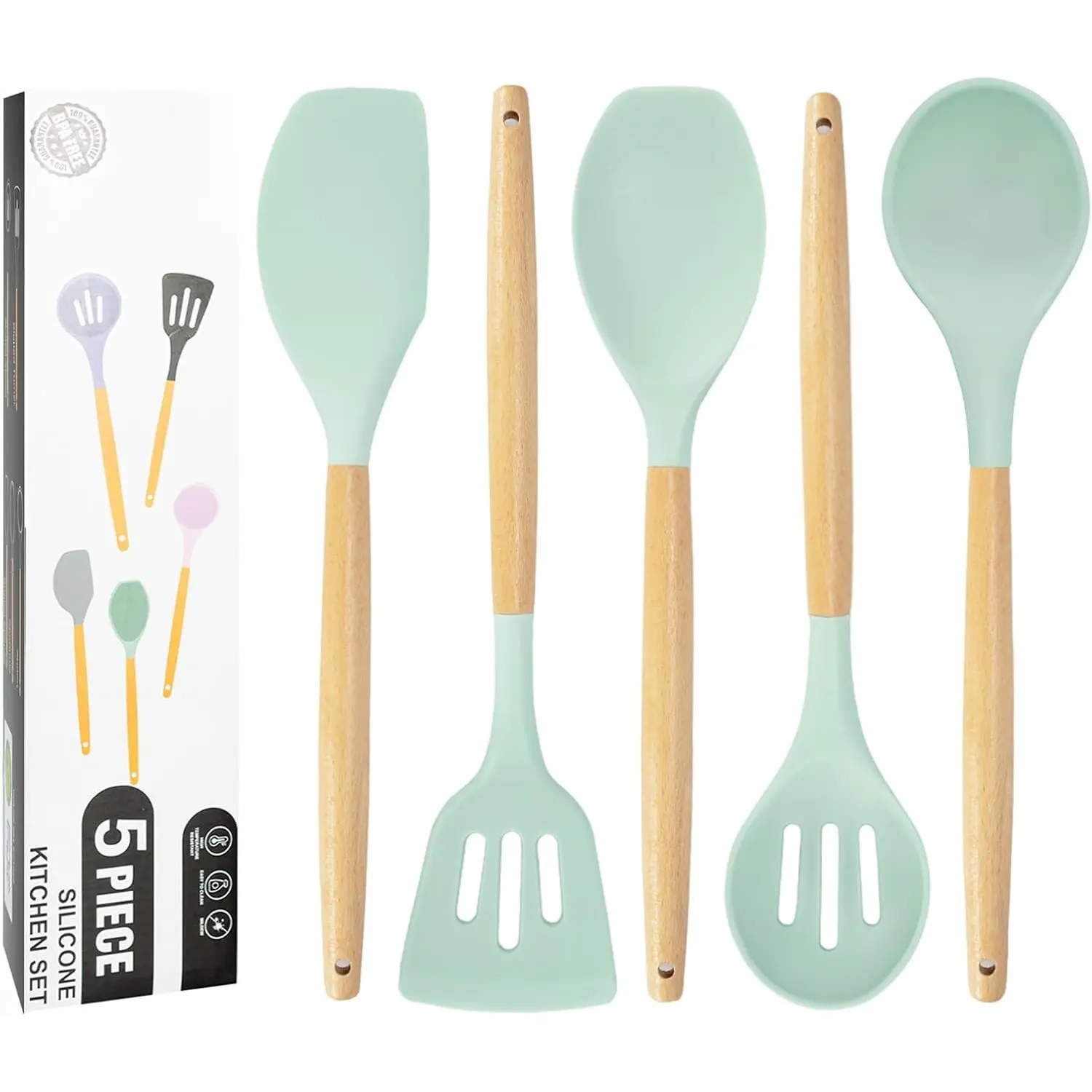 Kitchen Utensils Set, 5 count Non-Stick  Kitchen Cooking Utensils with Wooden Handle, Kitchen Spatula Cookware Utensils Set, Heat Resistant  Kitchen Gadgets (Light Green)
